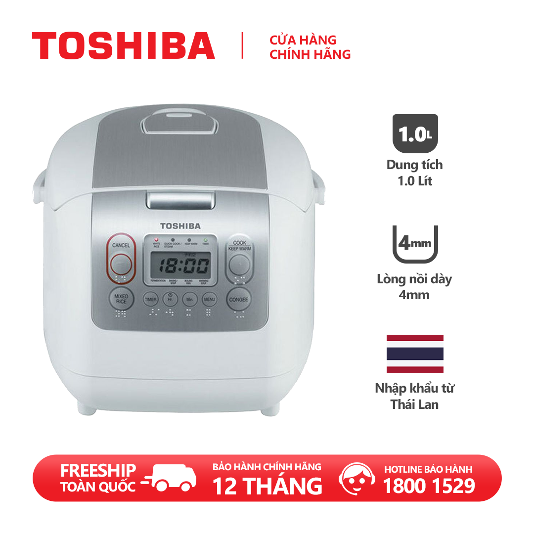 Nồi cơm điện tử Toshiba RC-10NMFVN(WT) - 1.0L - Xuất xứ Thái Lan - Lòng nồi dày 4mm, 2 lớp chống dính trong và ngoài - Chế độ nấu tự động đa dạng - Hàng chính hãng, bảo hành 12 tháng, chất lượng Nhật Bản