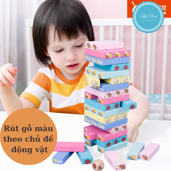 Đồ chơi rút gỗ số, màu, chủ đề động vật, loại to 48, 51 thanh - xếp domino