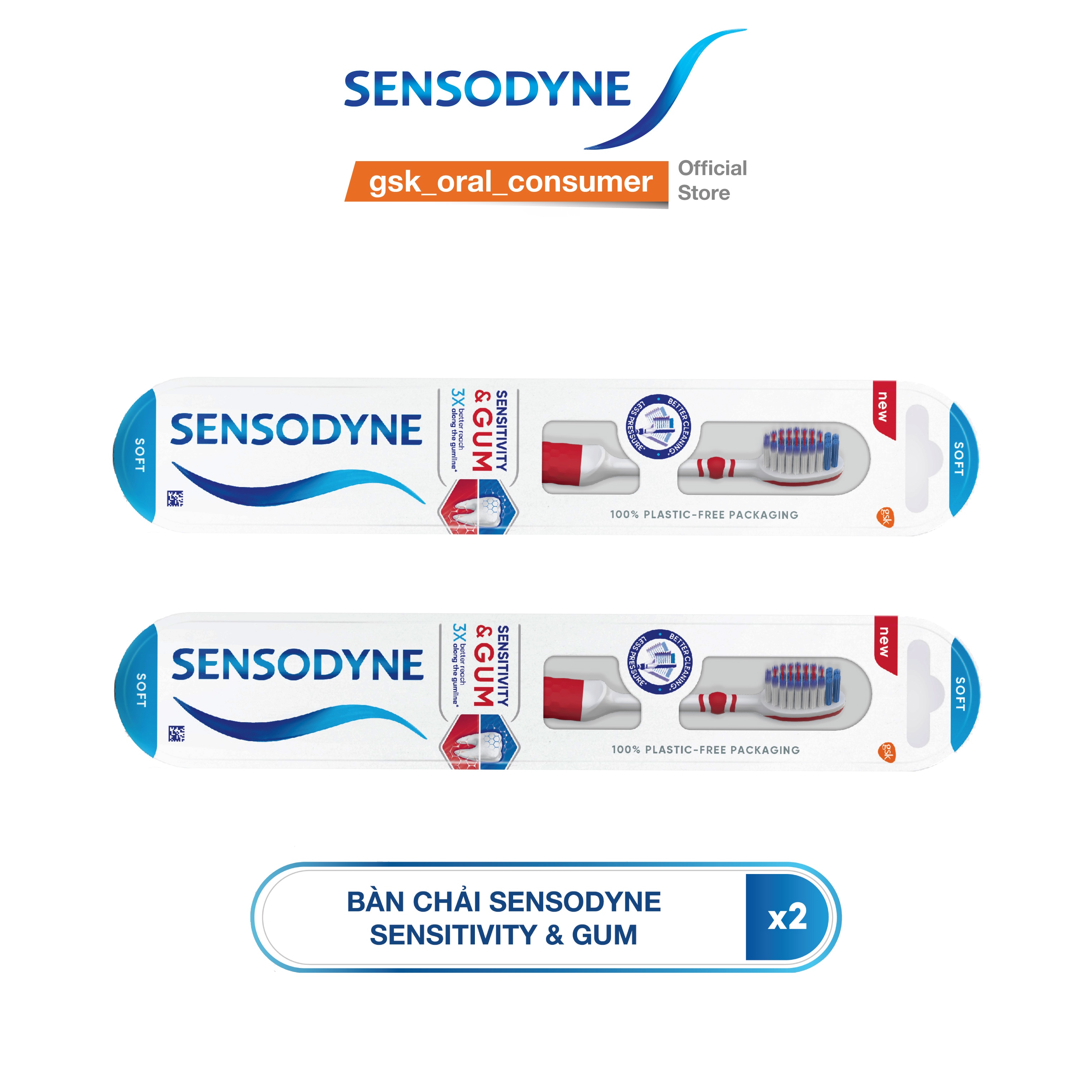 Bộ 2 Bàn chải đánh răng SENSODYNE Sensitive & Gum với lông bàn chải mềm, giúp làm sạch răng nhẹ nhàng và bảo vệ nướu