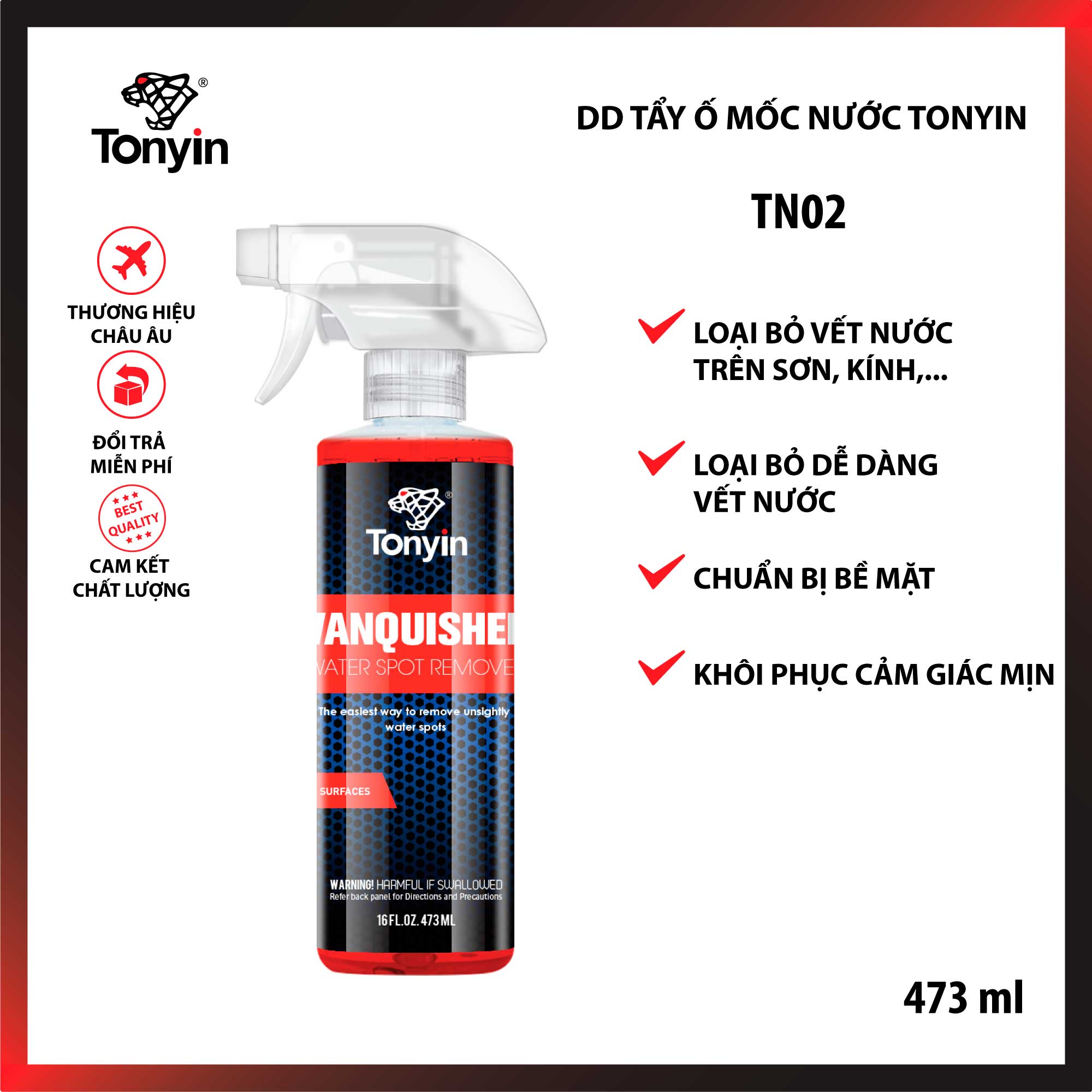 Chai xịt tẩy ố mốc nước vanquished water spot remover tonyin tn02 473ml loại bỏ vết nước trên sơn, kính và kim loại