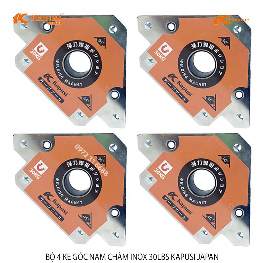 BỘ 4 KE GÓC NAM CHÂM INOX 30LBS KAPUSI JAPAN - NAM CHÂM KE GÓC VUÔNG 30KG ( 10X10X1.5CM)