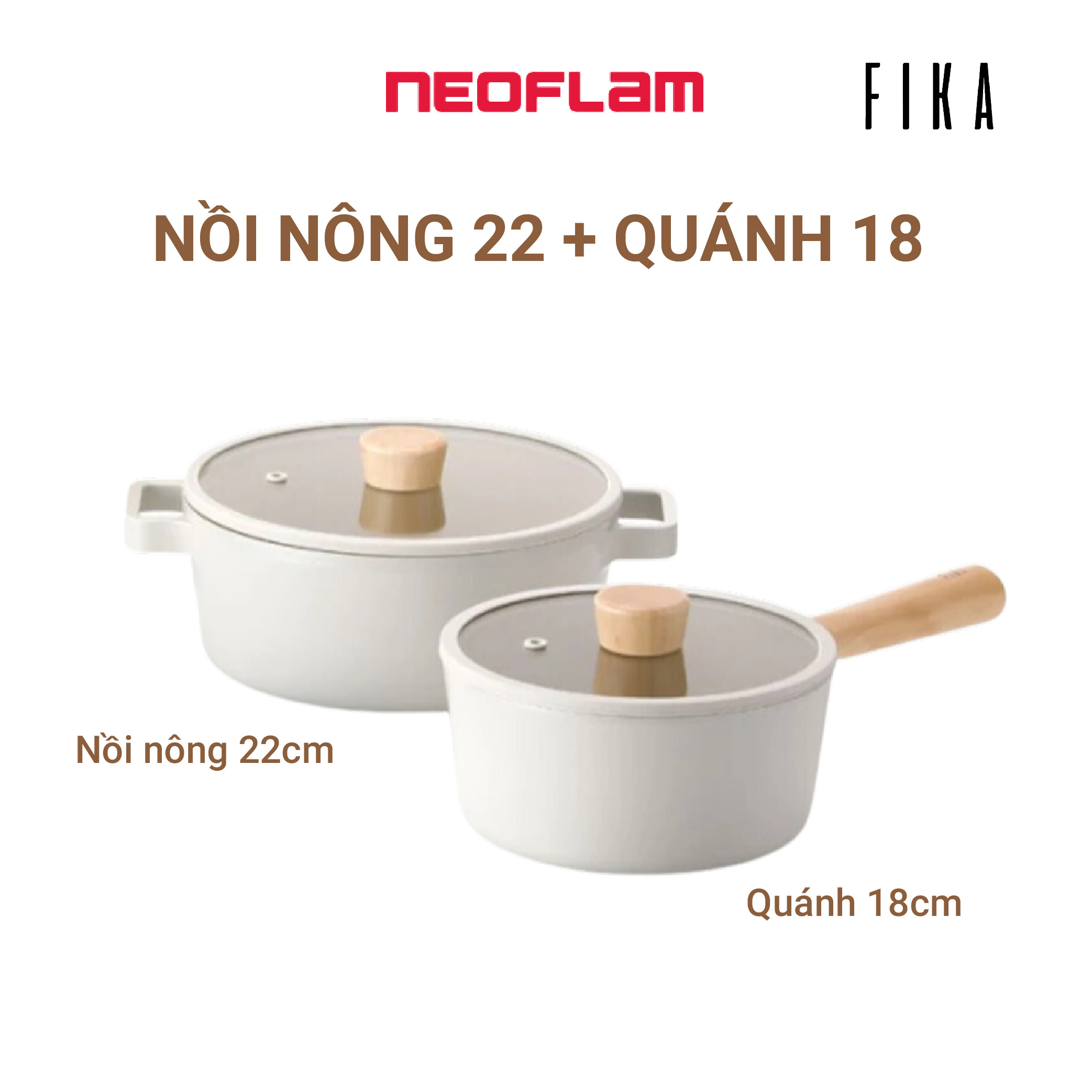 Set of 2 Non-Stick Deep Pots for Induction Cookers from Fika Neoflam Korea, 18cm Deep Non-Stick Pot with Magnetic Base, Long Handle, 22cm Deep Non-Stick Pot with Magnetic Base