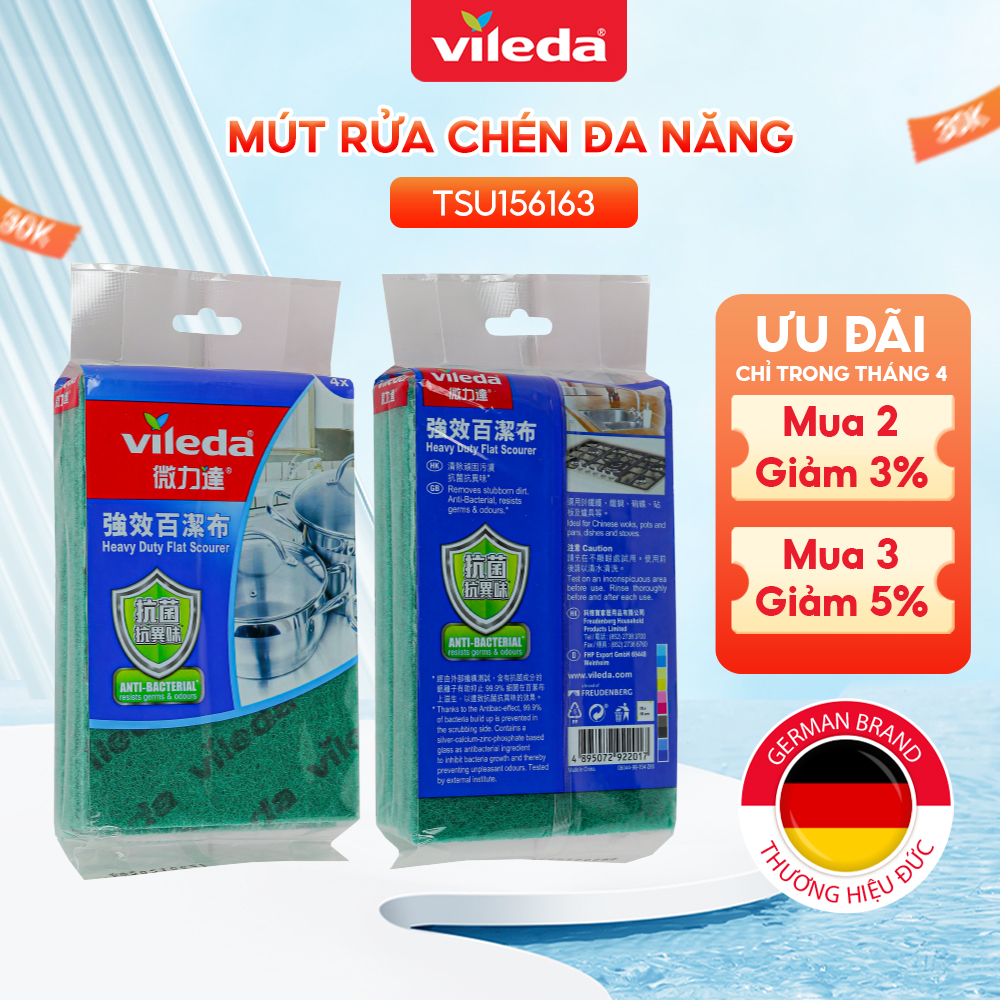 Miếng cọ rửa nhà bếp VILEDA gói 4 miếng loại cứng, cọ rửa xoong, nồi, chảo, bếp, chống vi khuẩn gây mùi - TSU156163