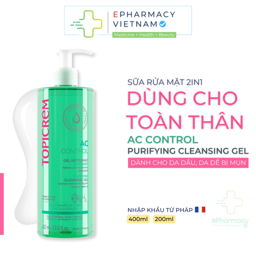 Gel rửa mặt TOPICREM Purifying Cleansing Gel [400ml] - Sữa rửa mặt Topicrem cho da dầu