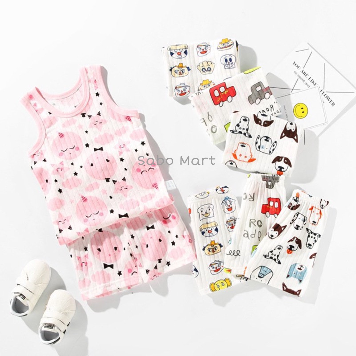 Bộ ba lỗ cotton giấy mềm mát cho bé trai bé gái 4-14kg