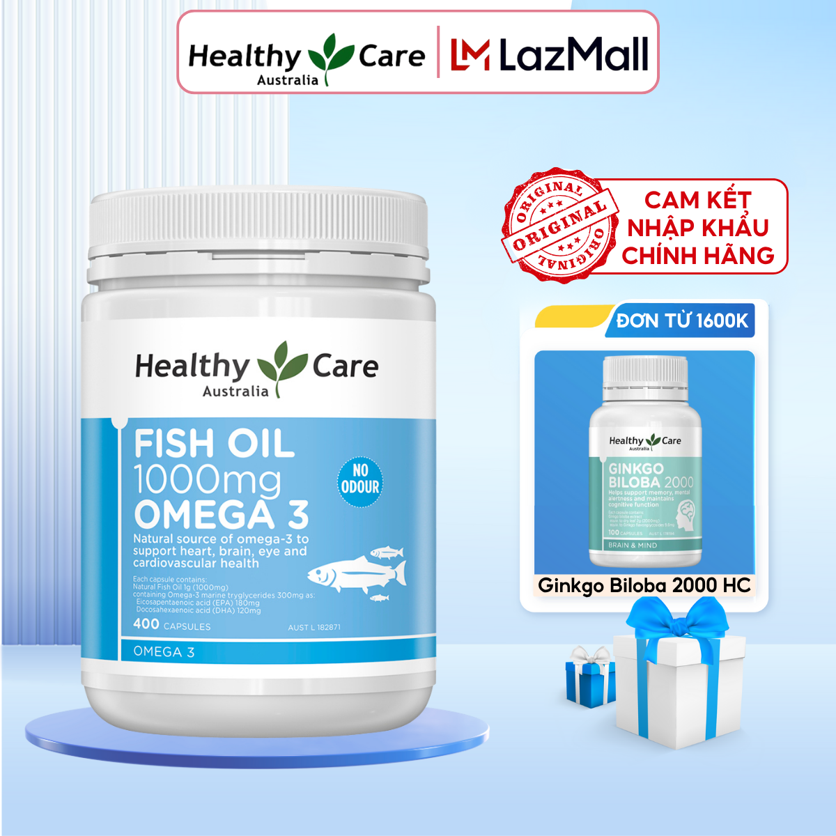 Dầu cá Healthy Care Fish Oil 1000mg Omega 3 400 viên – Bổ não sáng mắt tăng miễn dịch