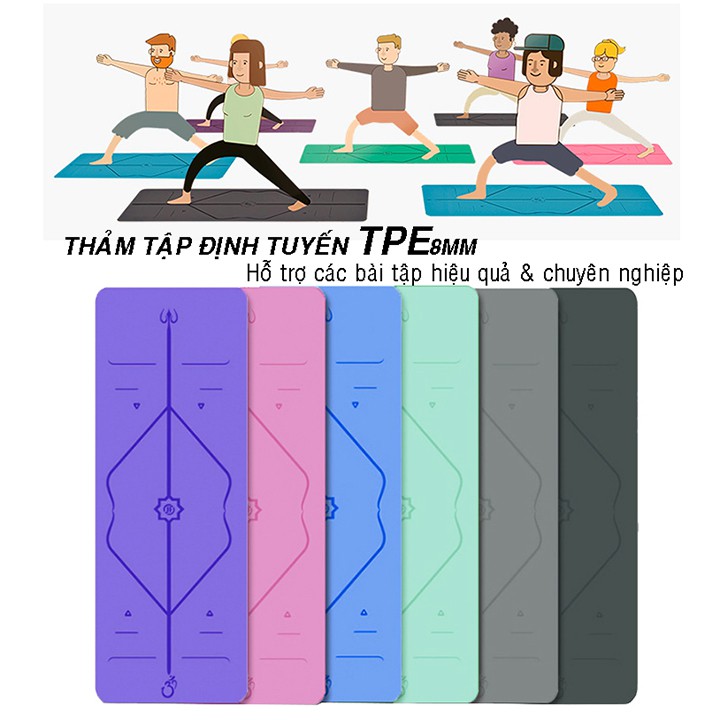 Thảm tập yoga , thảm tập yoga định tuyến , thảm tập yoga TPE 8mm , thảm tập yoga 2 lớp, thảm tập yoga định tuyến tặng kèm túi đựng.