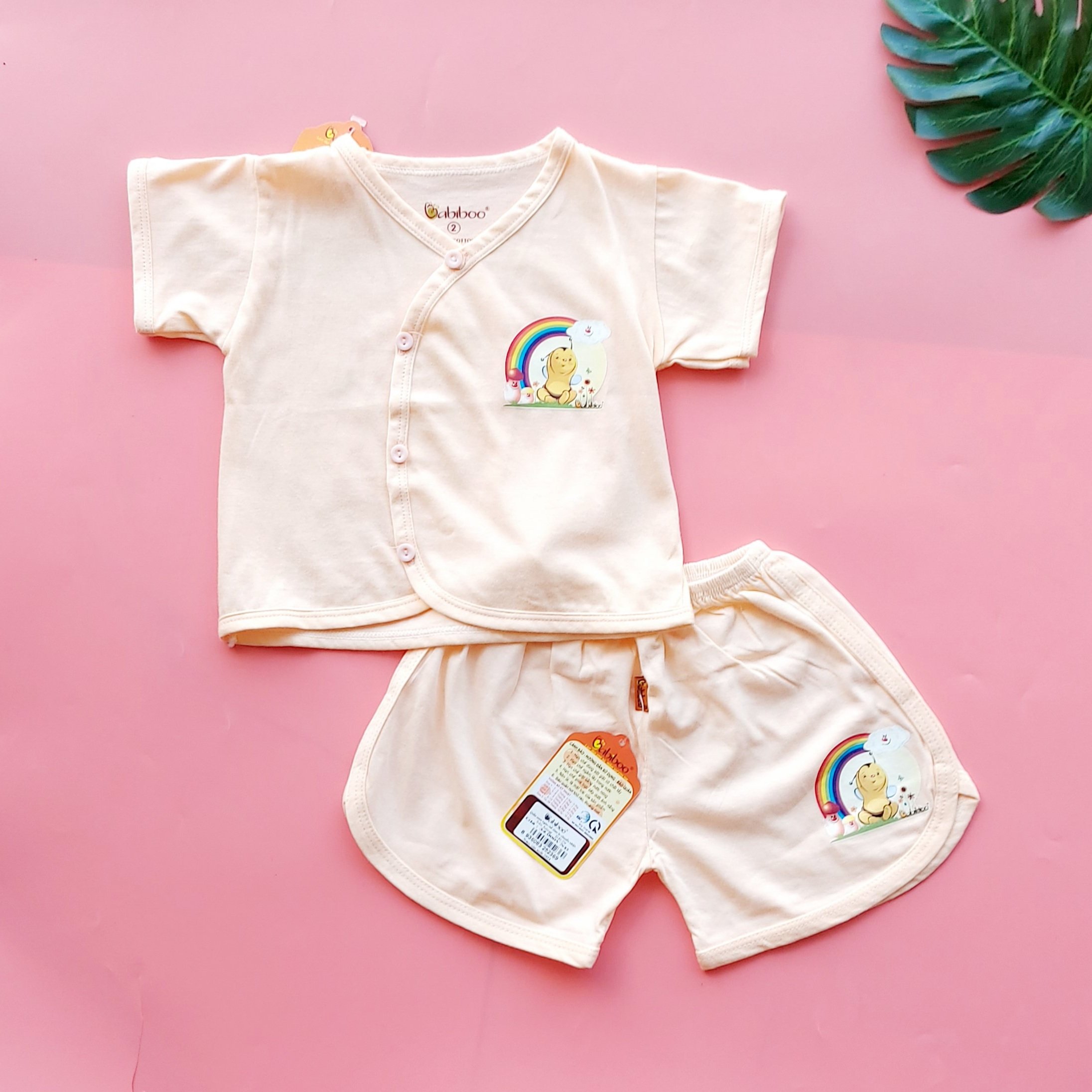 Bộ cotton ngắn tay cổ tim cho bé sơ sinh BABIBOO - BBC32