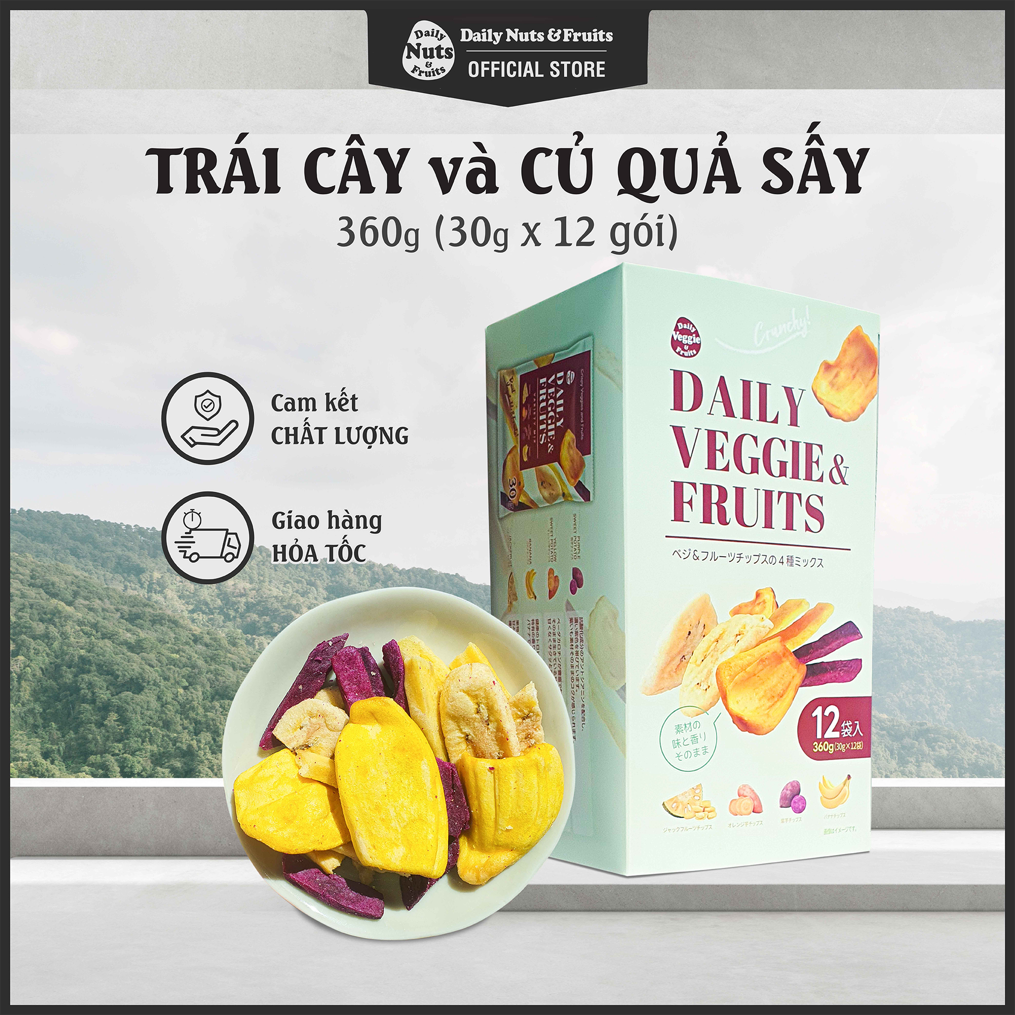 Daily Nuts&Fruits - Hộp 360g (30g x 12 gói) 4 Loại Củ Quả Sấy Giòn - Thực phẩm ăn nhanh dinh dưỡng, không chất phụ gia