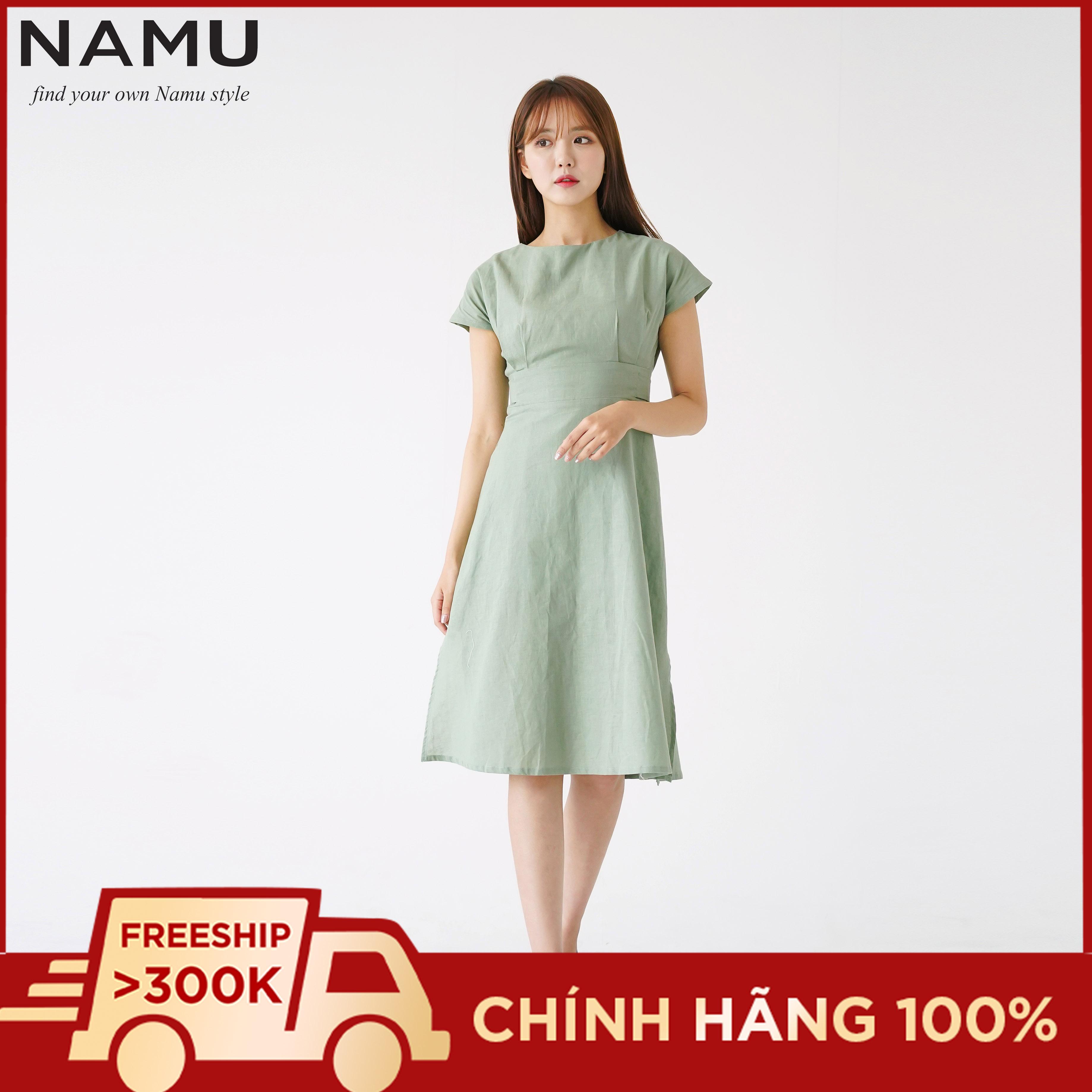 Đầm xòe linen vintage thắt nơ sau hiệu NAMU 907010703
