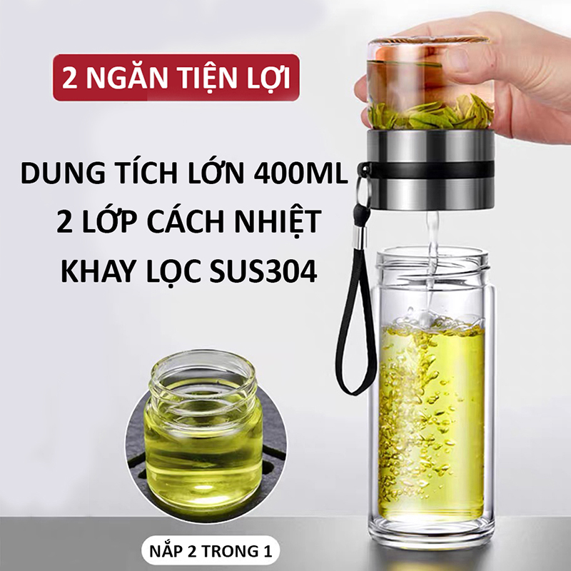 Bình pha trà 2 tầng 400ml bằng thủy tinh 2 lớp cách nhiệt, bình trà 2 ngăn có lọc trà tiện lợi
