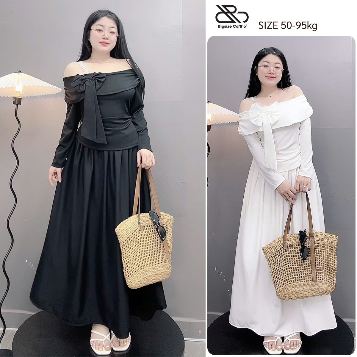 Set bộ tiểu thư Bigsize nữ áo thun trễ vai gắn nơ xinh kèm chân váy A dài qua gối - SET( A276+CV15)