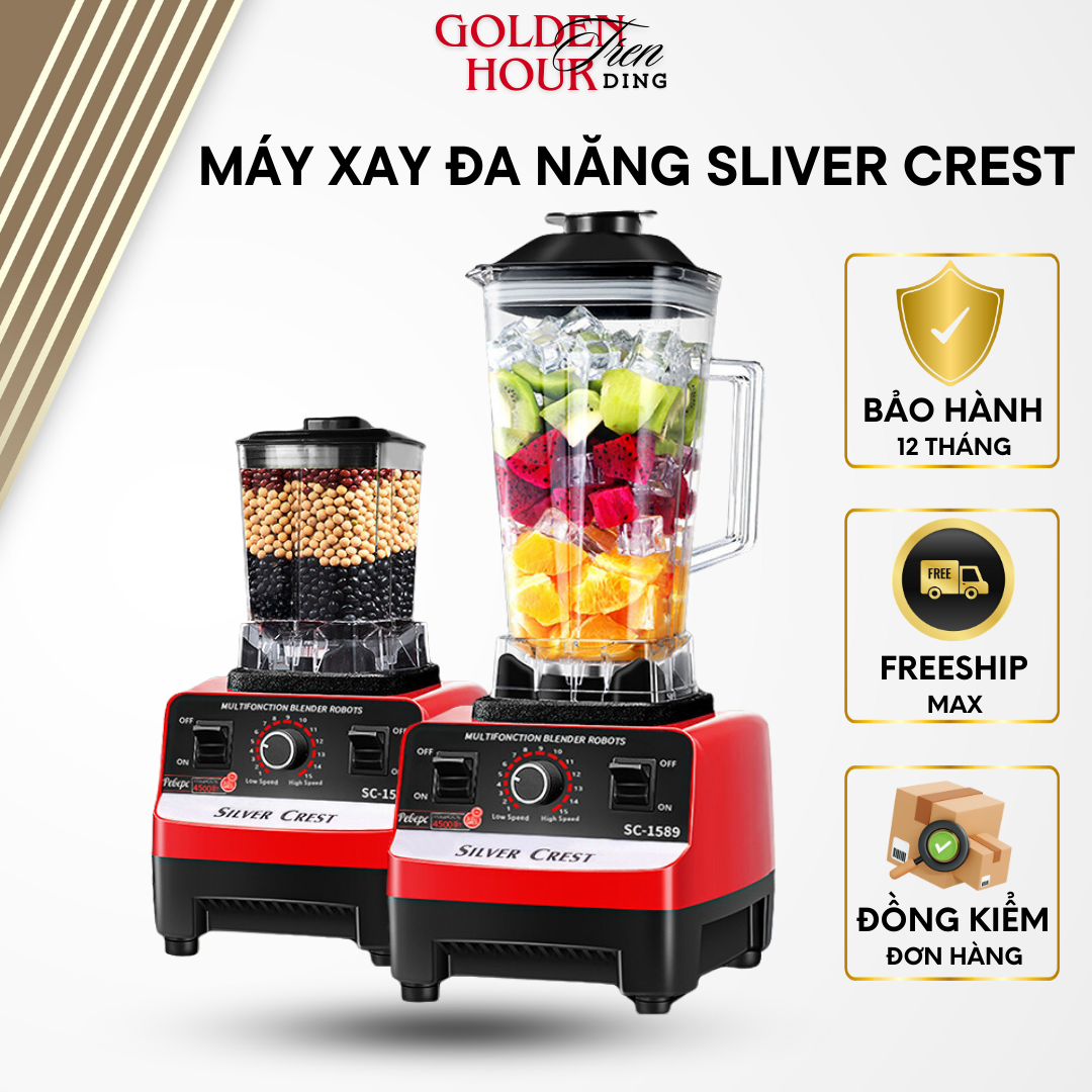 Máy Xay Sinh Tố Đa Năng SILVER CREST SC-1589 Máy Xay Công Nghiệp 2 Cối Xay Công Suất 4500W, 8 Lưỡi Dao Bằng Thép Không Gỉ, Động Cơ Lõi Đồng Bền Bỉ