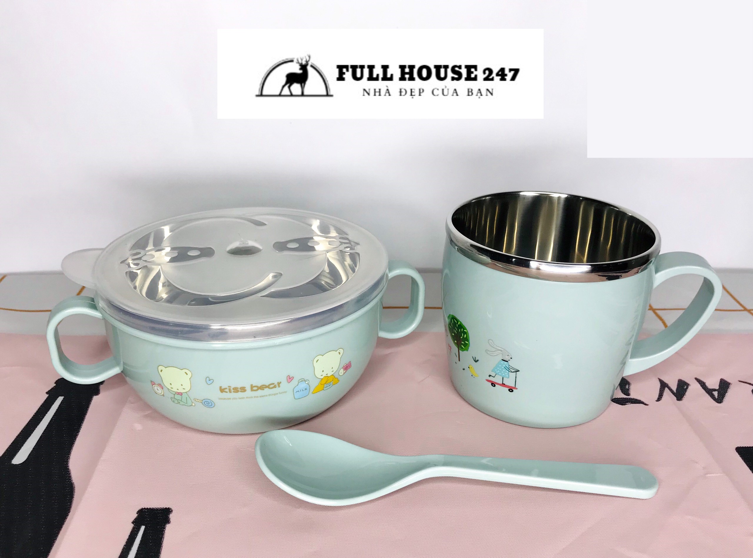 Set 3 chi tiết bát và cốc chống nóng 2 lớp cho bé inox 304 có kèm thìa và nắp đậy hàng đẹp cho bé ăn dặm