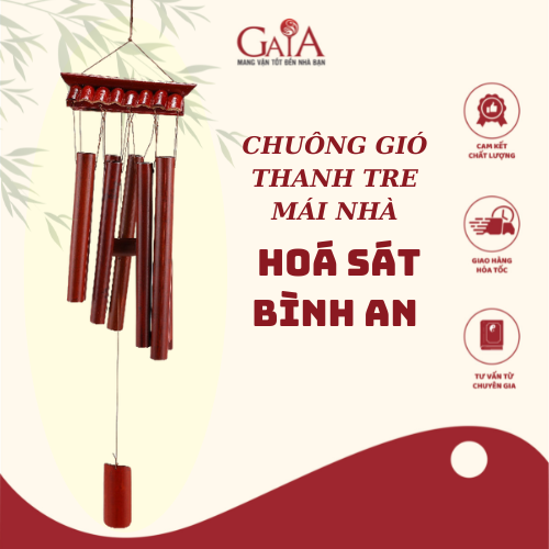 Chuông gió phong thủy bằng thanh tre, Chuông 8 thanh tre hoạ tiết mái nhà phong thuỷ