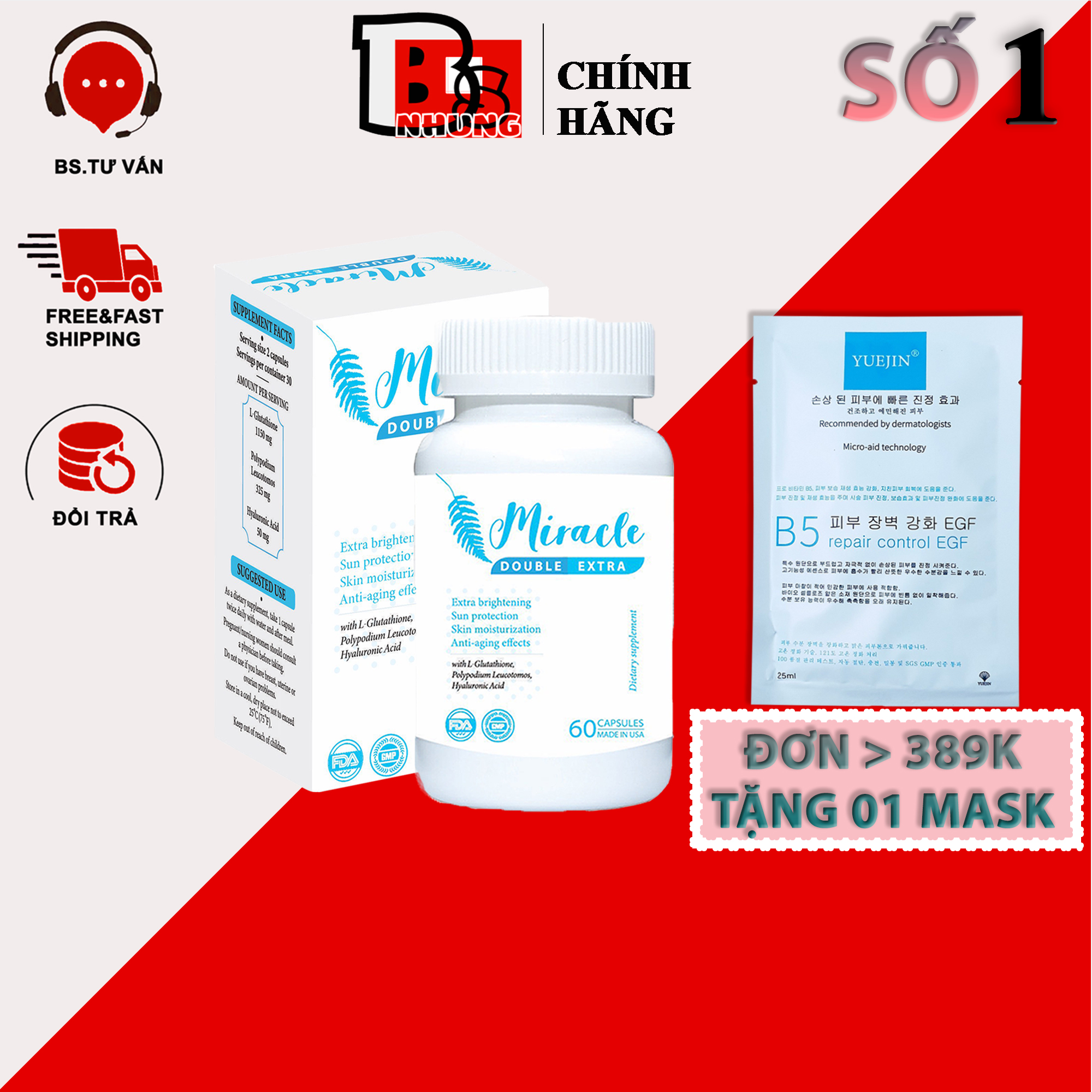 Viên Uống Miracle Double Extra - Trắng da, Chống nắng, Cấp ẩm của Mỹ