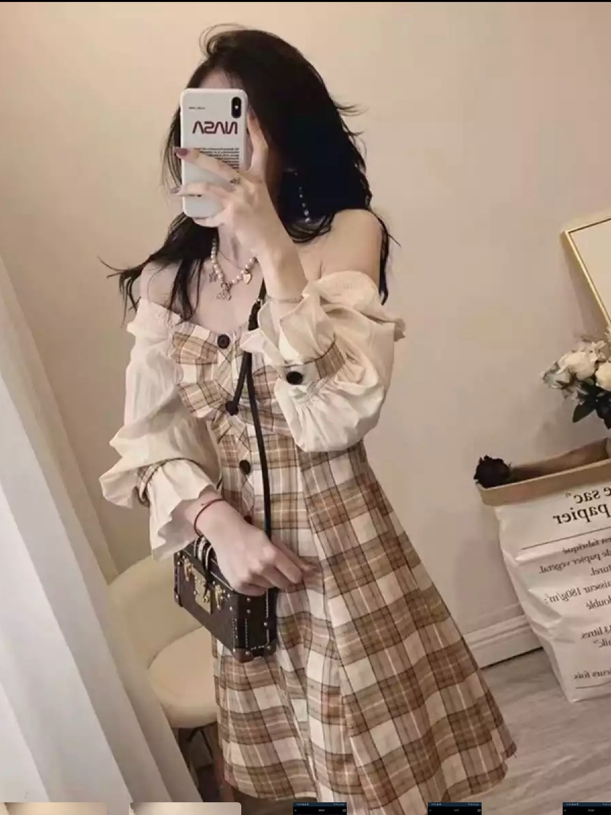 Đầm Xòe Caro Phối Tay Voan Trễ Vai Ulzzang Xinh Xắn TTSA1136