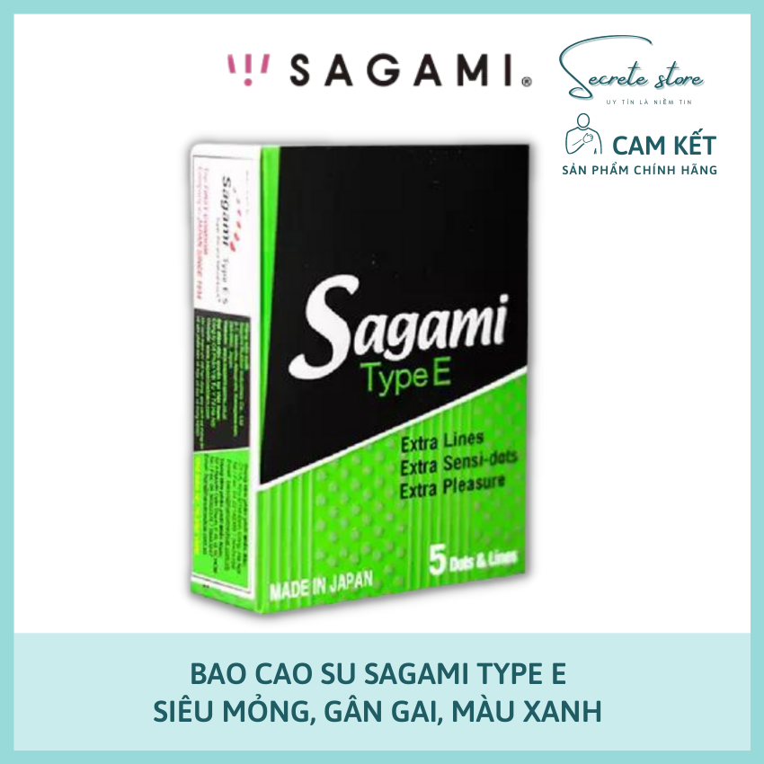 Bao cao su sagami type e-bcs nhật siêu mỏng, có gân gai, màu xanh - secrete store
