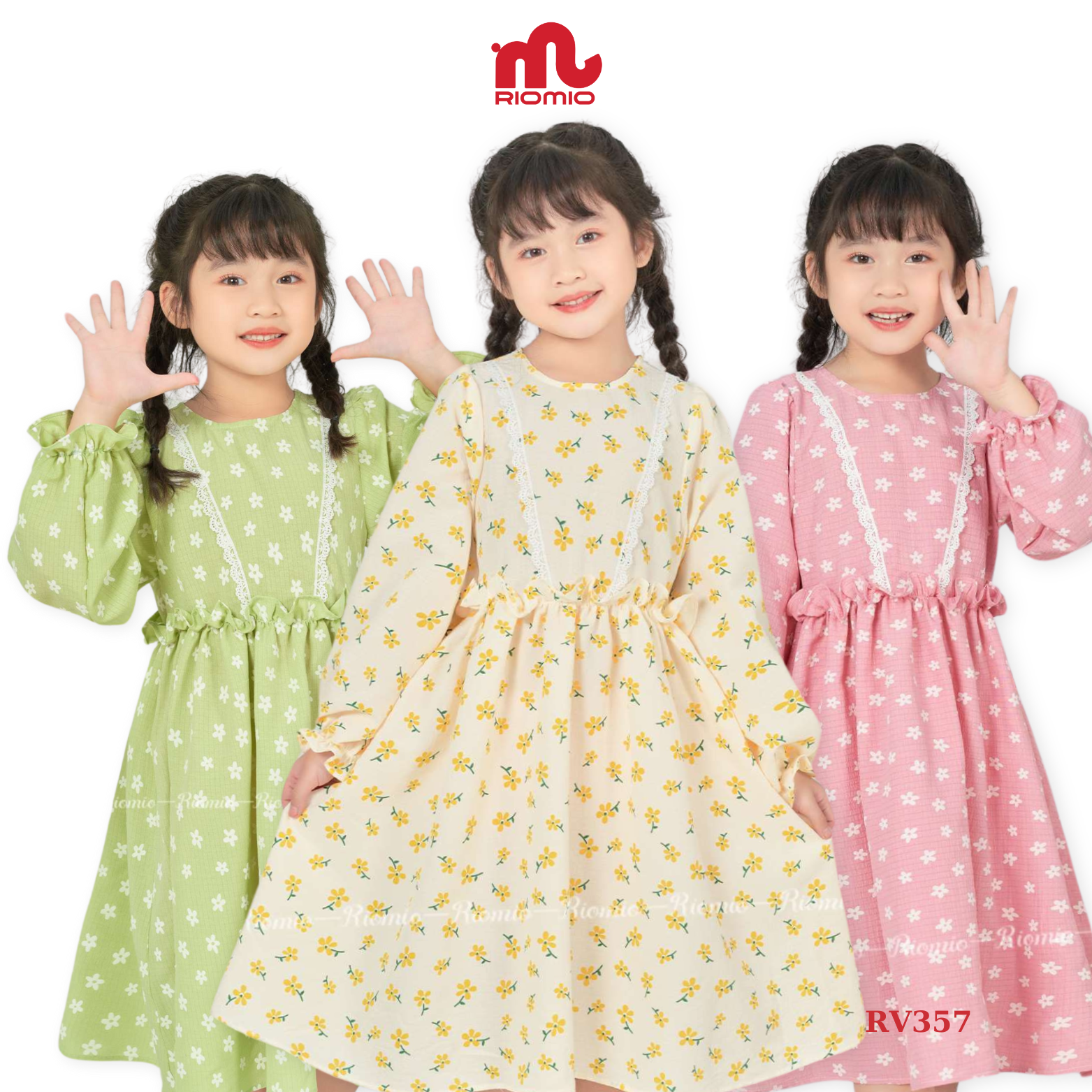 Đầm bé gái thu đông Riomio váy trẻ em dài tay dáng babydoll tay bèo phối ren bồng cho bé 3,4,5,6,7,8