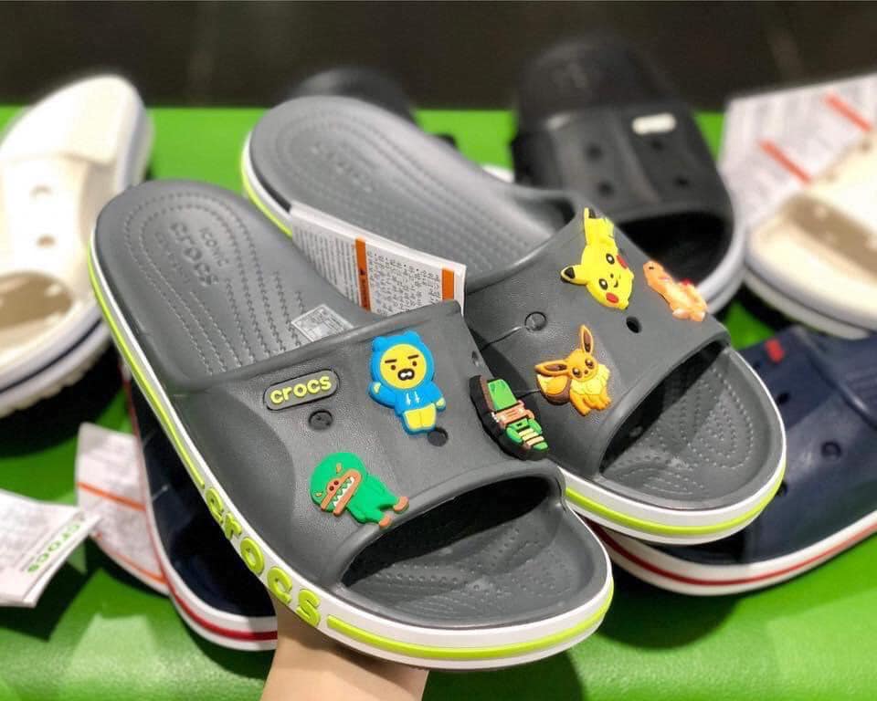 Dép Crocs Nữ Quai Ngang - Màu Xám - Tặng Kèm Full 12 Sticker