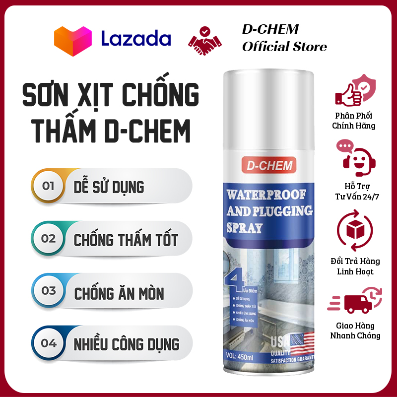  Sơn Xịt Chống Thấm Dột D-Chem Chuyên Dụng Waterproof Dùng Cho Góc Tường Chân Tường Mái Nhà Mái Tôn 