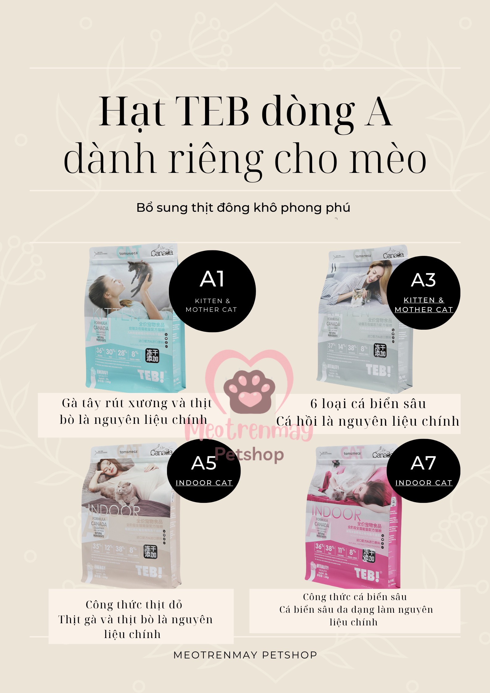 Hạt TEB! dòng A cho mèo - thức ăn hạt khô cho mèo mọi lứa tuổi