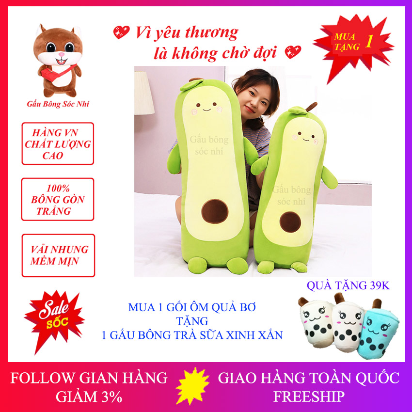 [Mua 1 Tặng 1] Gối Ôm Quả Bơ Xinh Xắn - Gấu Bông Sóc Nhí - Gấu Bông Cao Cấp Vải Nhung Co Giãn 4 Chiều - Mua 1 Gấu Bông Gối Ôm Quả Bơ Tặng 1 Trà Sữa Xinh Xắn