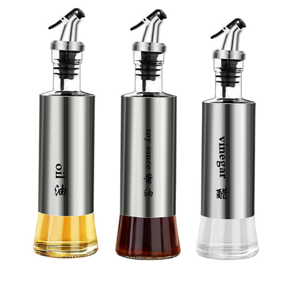 (TẶNG PHỄU) Chai chiết đựng  dầu , giấm , nước mắm thủy tinh bọc inox 2 dung tích 180 và  300ml  - chai đựng giấm - chai chiet dau an