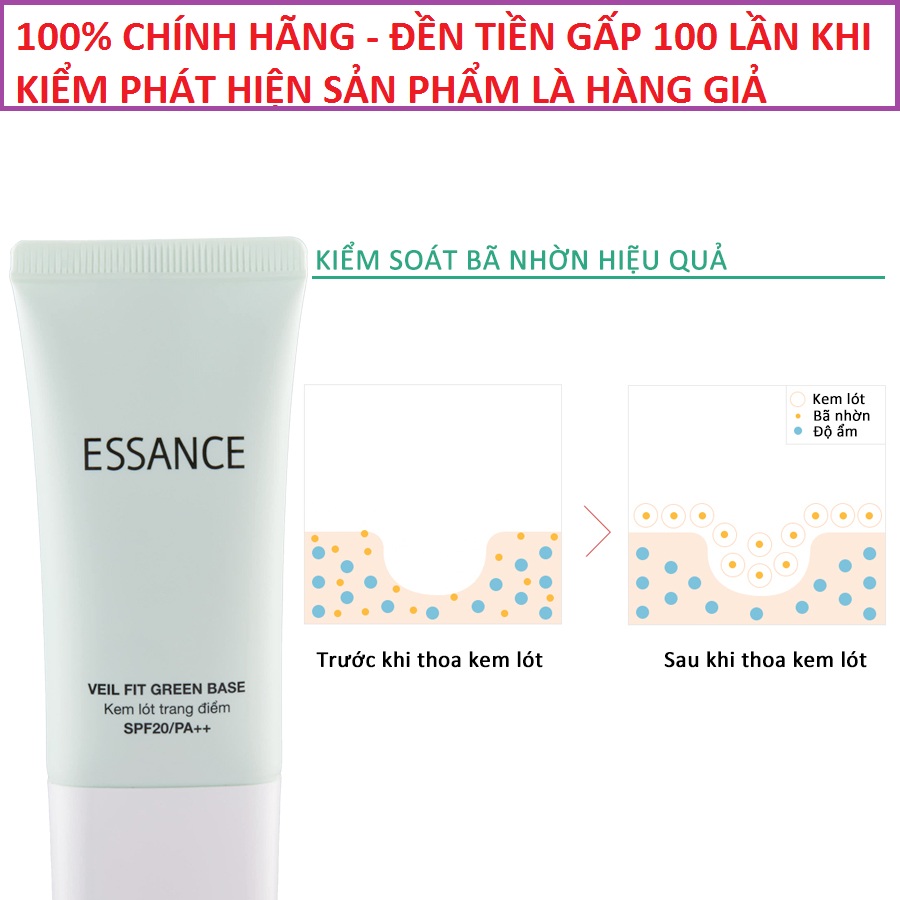 Kem lót hiệu chỉnh sắc da kiểm soát dầu essance veil fit green base spf20 pa++ 30ml
