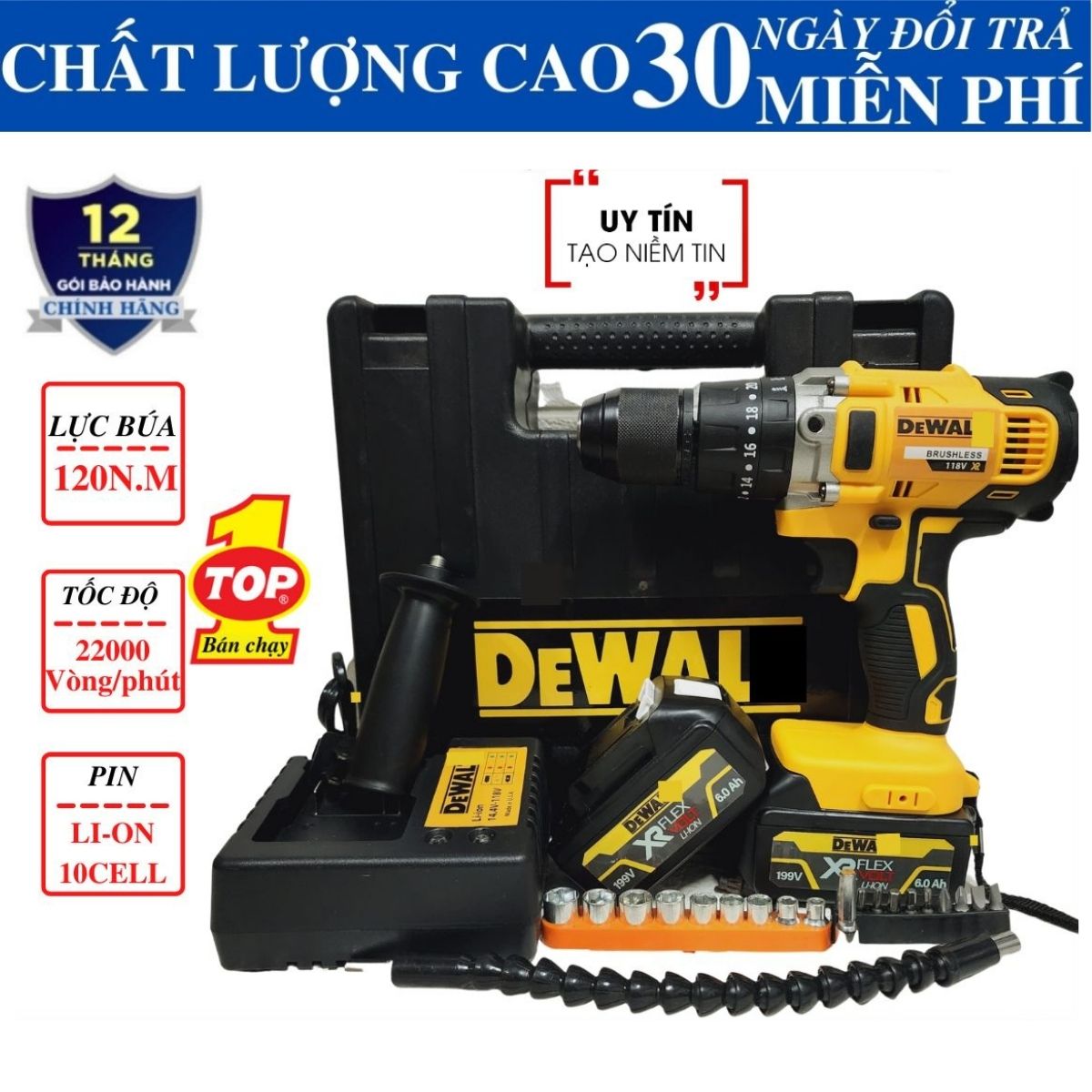 Máy Khoan Pin DEWAT 199V ĐỘNG CƠ 775 Khoan Pin 3 chức năng 2 pin khủng 10 cell Bảo hành 12 tháng