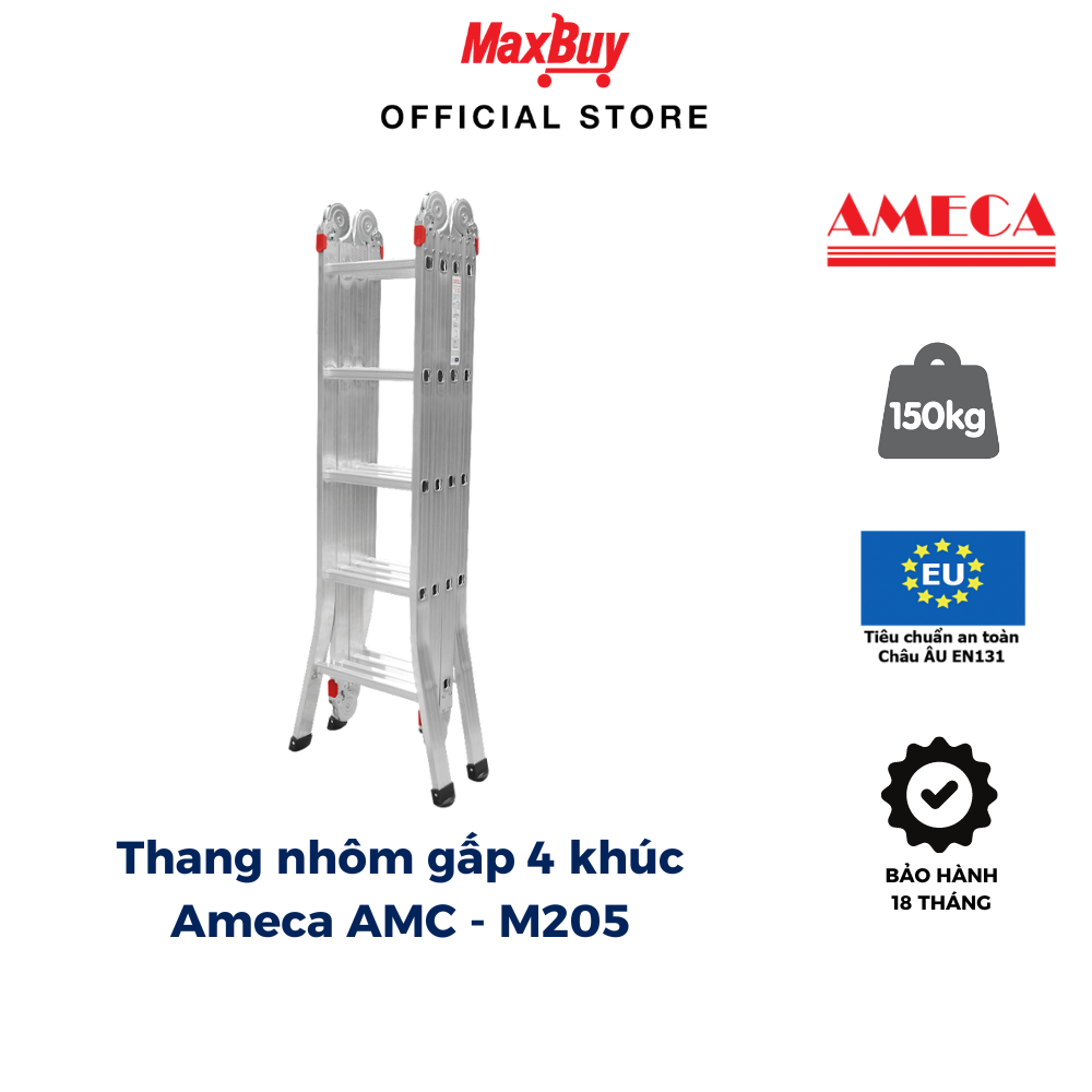 Thang nhôm gấp 5 bậc 4 đoạn ameca gấp gọn đa dạng kiểu dáng chiều cao amax 2m9 imax 5m8 bảo hành 18 tháng amc m205