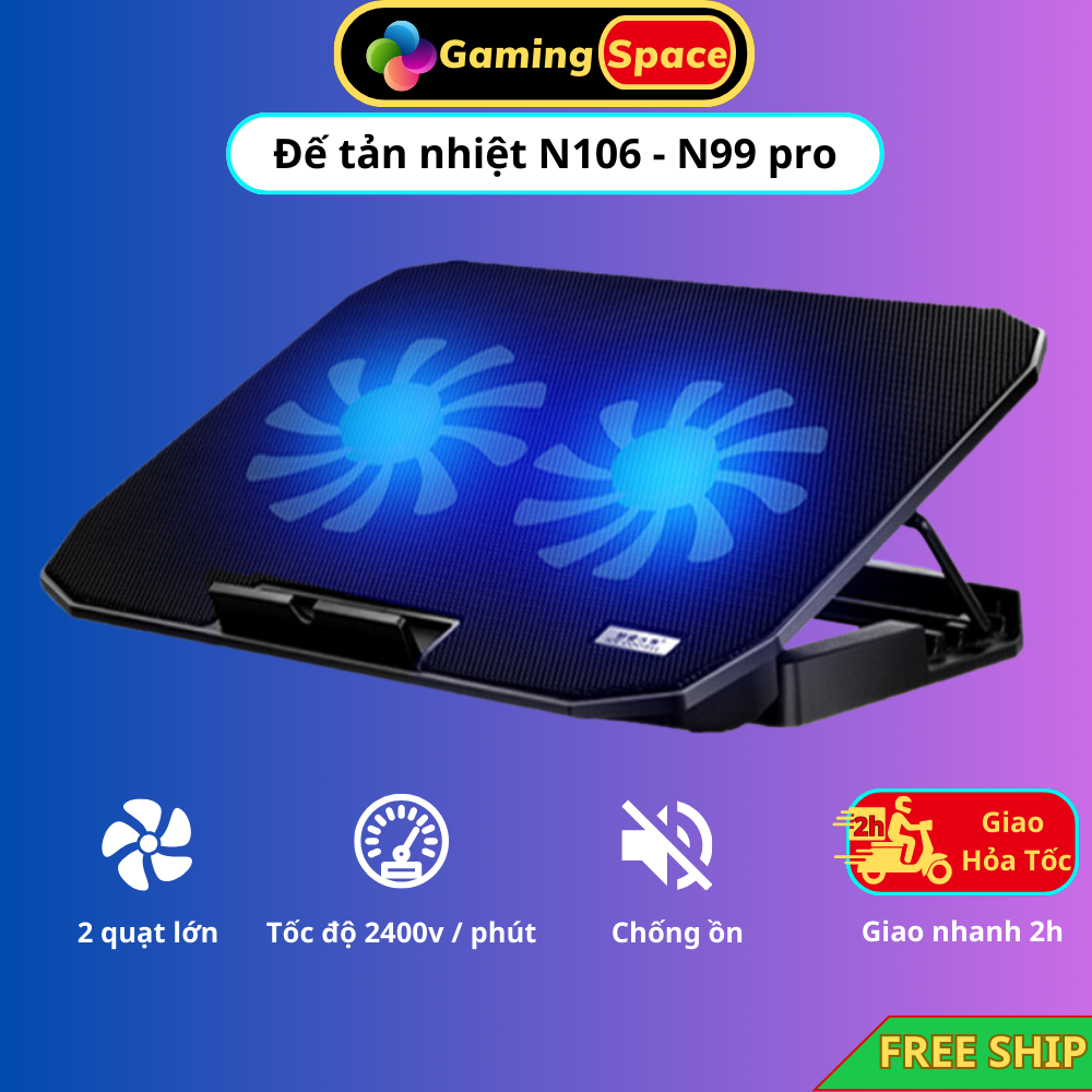 Đế tản nhiệt laptop , tản nhiệt laptop máy tính n106 n99pro 2 quạt lớn có led, để tản nhiệt cho laptop 13 inch đến 17 inch