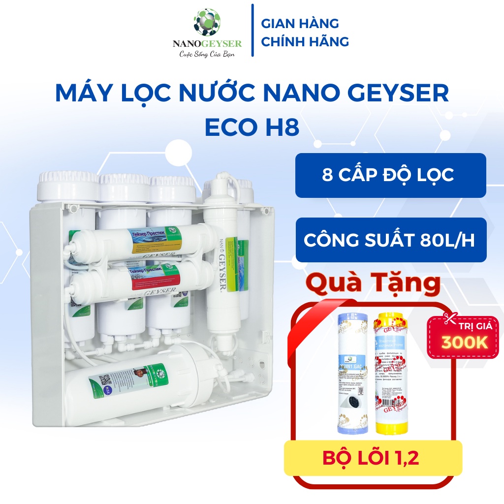 Máy lọc nước nano geyser eco h8, công nghệ diệt khuẩn kép nano bạc, không dùng điện, công suất 80l/h, bảo hành 5 năm