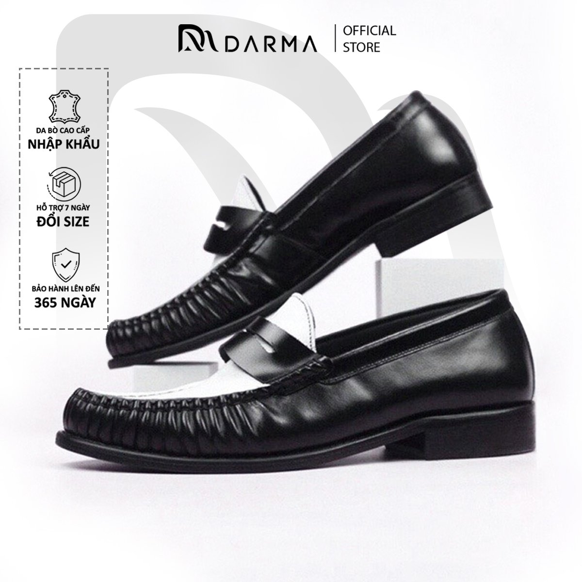 Giày lười da nam cao cấp darma giày mọi lười penny loafer black white slipon da bò thật công sở đẹp