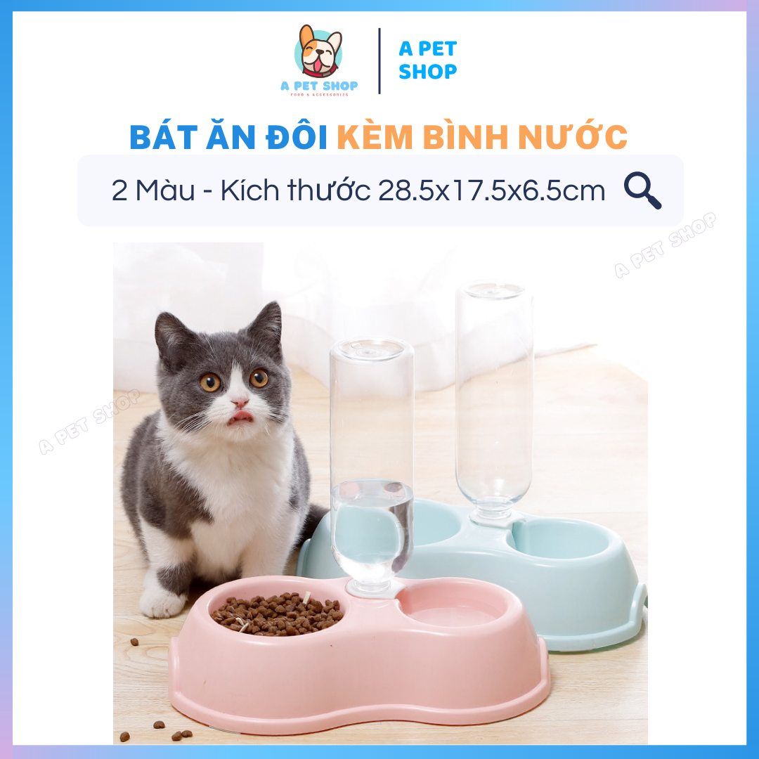 Bát ăn đôi cho chó mèo kèm bình nước tự động 500ml màu pastel a pet shop