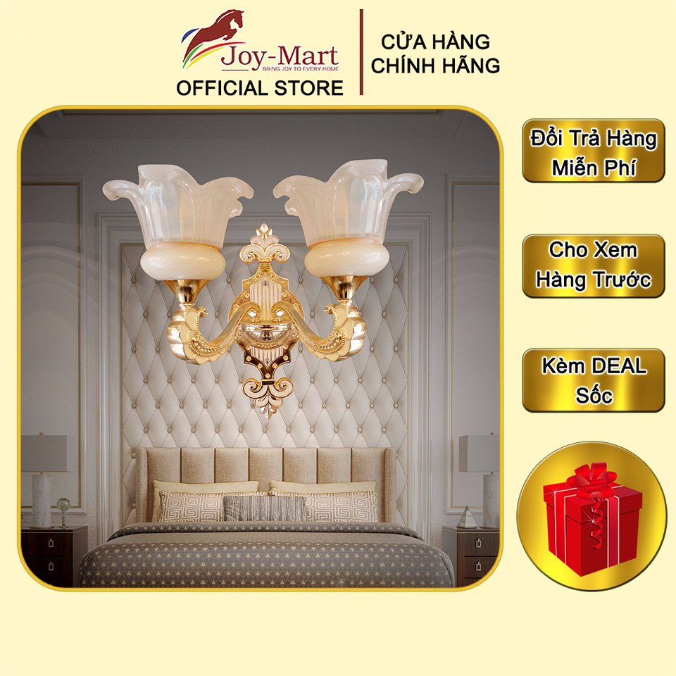 Đèn tường - joymart - đèn treo tường trang trí phòng khách, chao pha lê hình bông hoa thiết kế tinh tế, thân hợp kim mạ vàng cao cấp mt4332/2