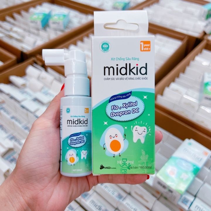 Xịt Chống Sâu Răng Midkid hương Nho, hương Táo 30ml và Gạc rơ lưỡi miệng Midkid baby hộp 15gói