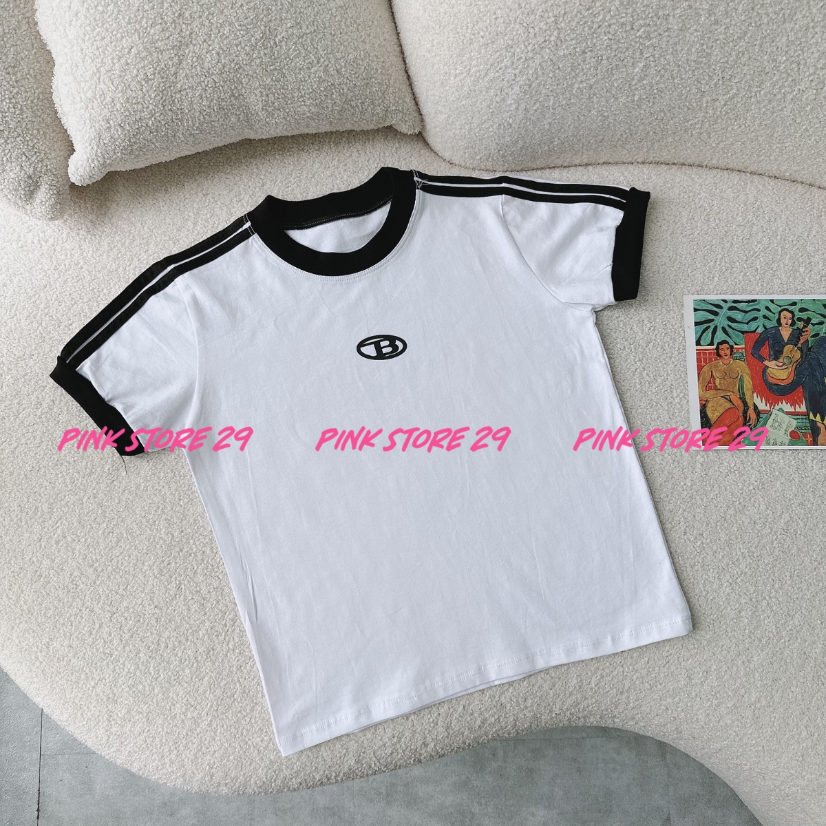 Áo thun Baby Tee chữ B PINKSTORE29 viền phối màu cá tính A5727