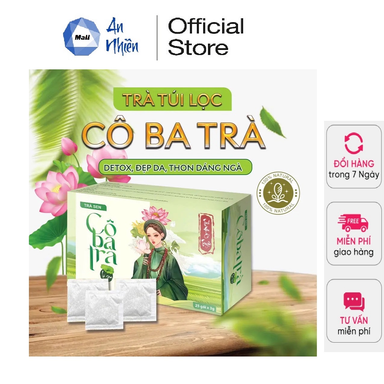 Trà thảo mộc cô ba trà - thải độc đẹp da thon dáng ngà trà túi lọc hộp 25 gói