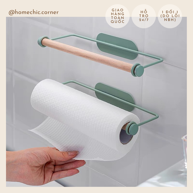 Thanh dán tường treo khăn, giấy cuộn, màng bọc thực phẩm kim loại phối gỗ | HOME CHIC CORNER