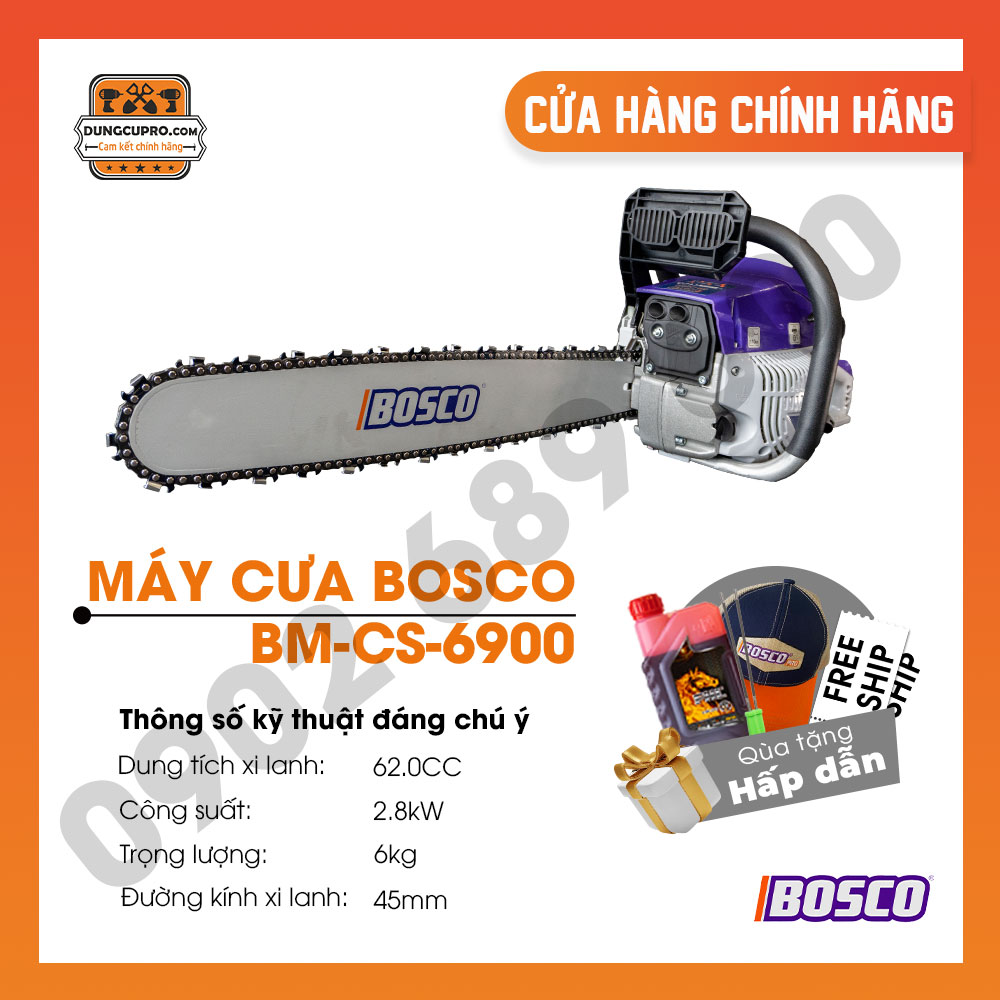 MÁY CƯA XÍCH BOSCO 6900 62CC - CHẠY XĂNG 2 THÌ CƯA ĐƯỢC MỌI LẠI CÂY