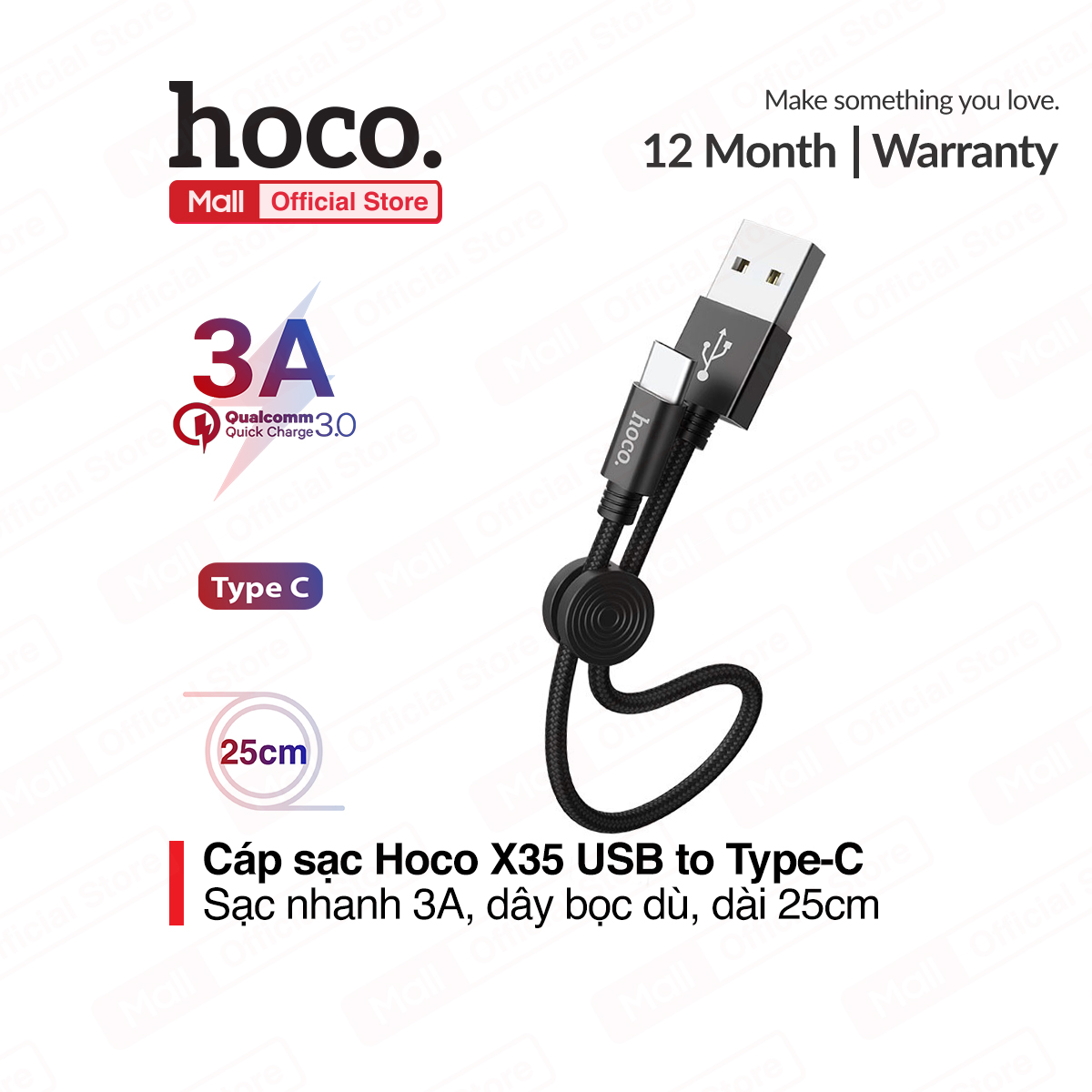 [HCM]Cáp sạc nhanh và truyền dữ liệu Hoco X35 Type C 25cm đầu ra 3A Max