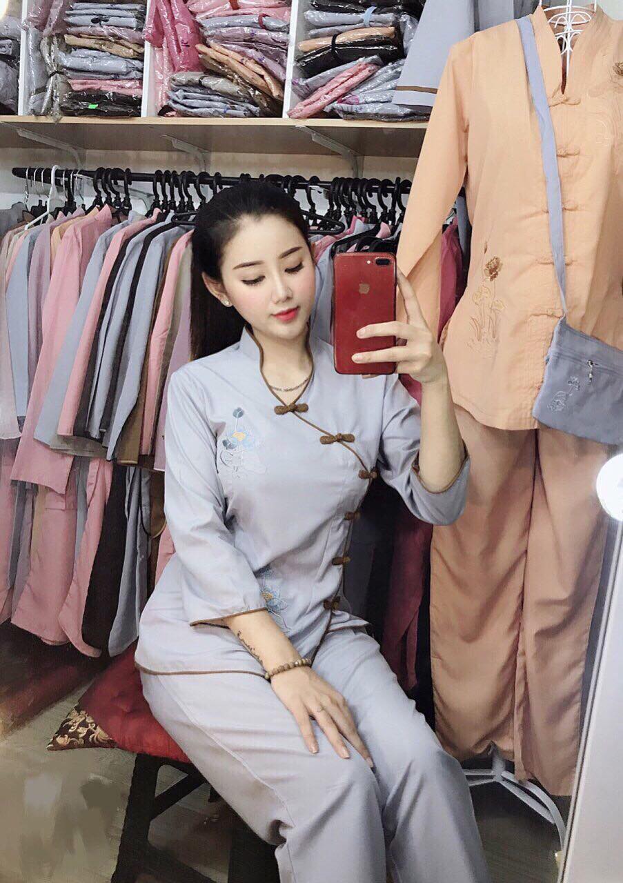 Bộ Phật tử đi chùa cổ tàu chất Kate viền chéo