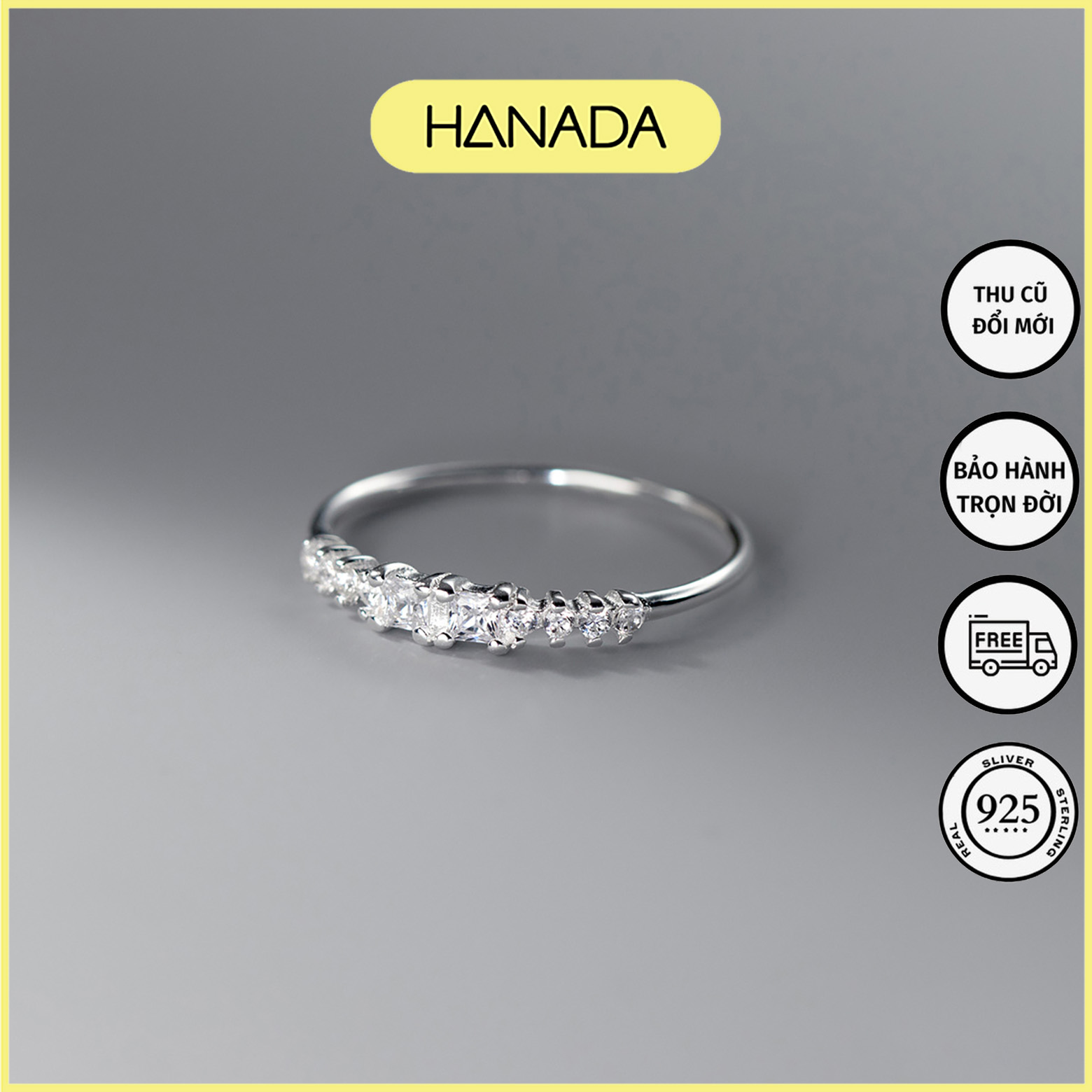 Nhẫn bạc 925 hanada nhẫn nửa vòng đá vuông tròn 0079 m6