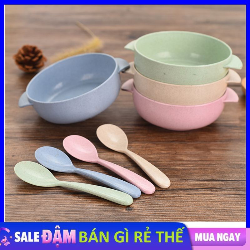 Bộ chén kèm muỗng ăn dặm lúa mạch cho bé - tô , chén , bát ăn cơm , ăn súp - bộ chén tặng kèm thìa tiện dụng