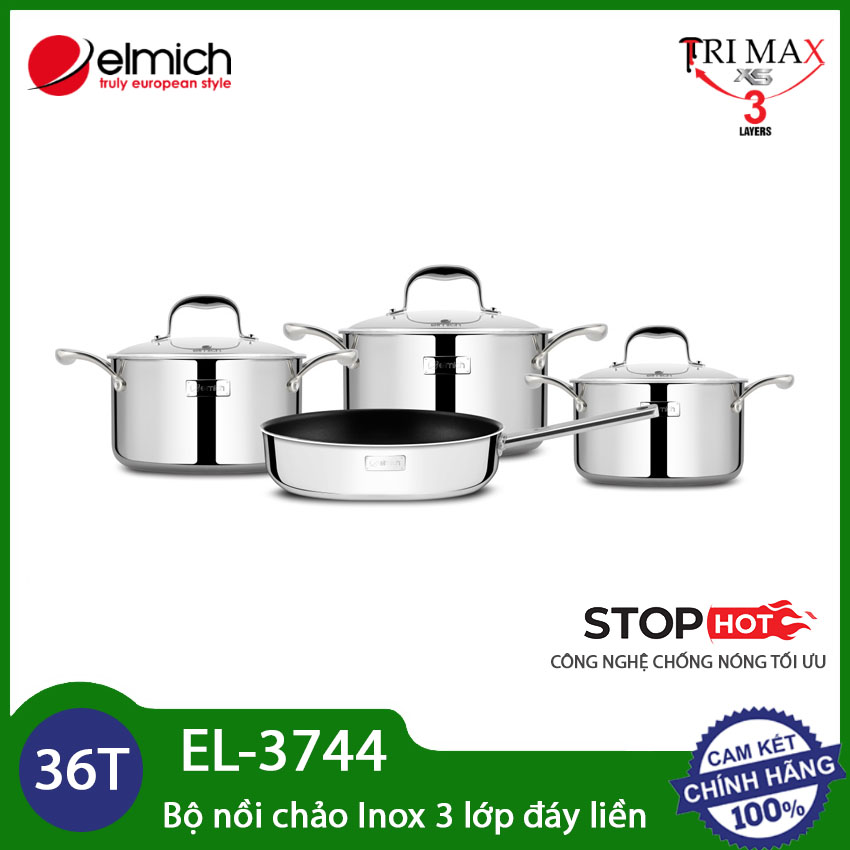 Bộ nồi và chảo 4 món Inox 304 cao cấp 3 lớp đáy liền Elmich Trimax XS EL-3744 size 18, 20, 24, chảo chống dính 26cm