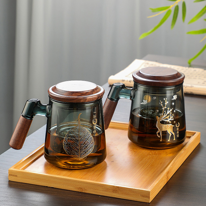 Cốc ba mảnh thủy tinh trong suốt borosilicate cốc pha trà tách trà có nắp dùng trong gia đình dung tích lớn cốc pha trà lọc 2.28