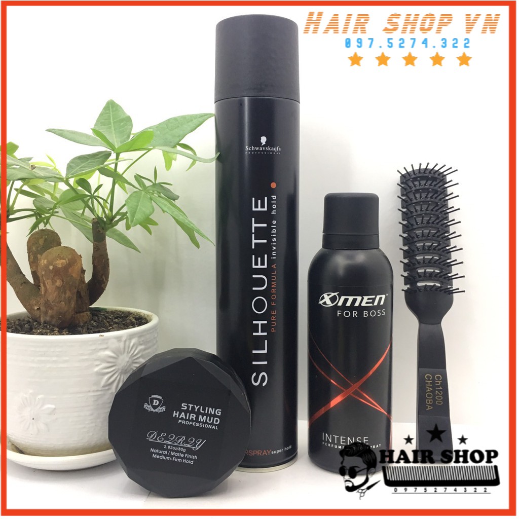 Combo gôm xịt tóc giữ nếp tóc silhouette + sáp vuốt tóc d styling + xịt khử mùi xmen fro boss 150ml + lược