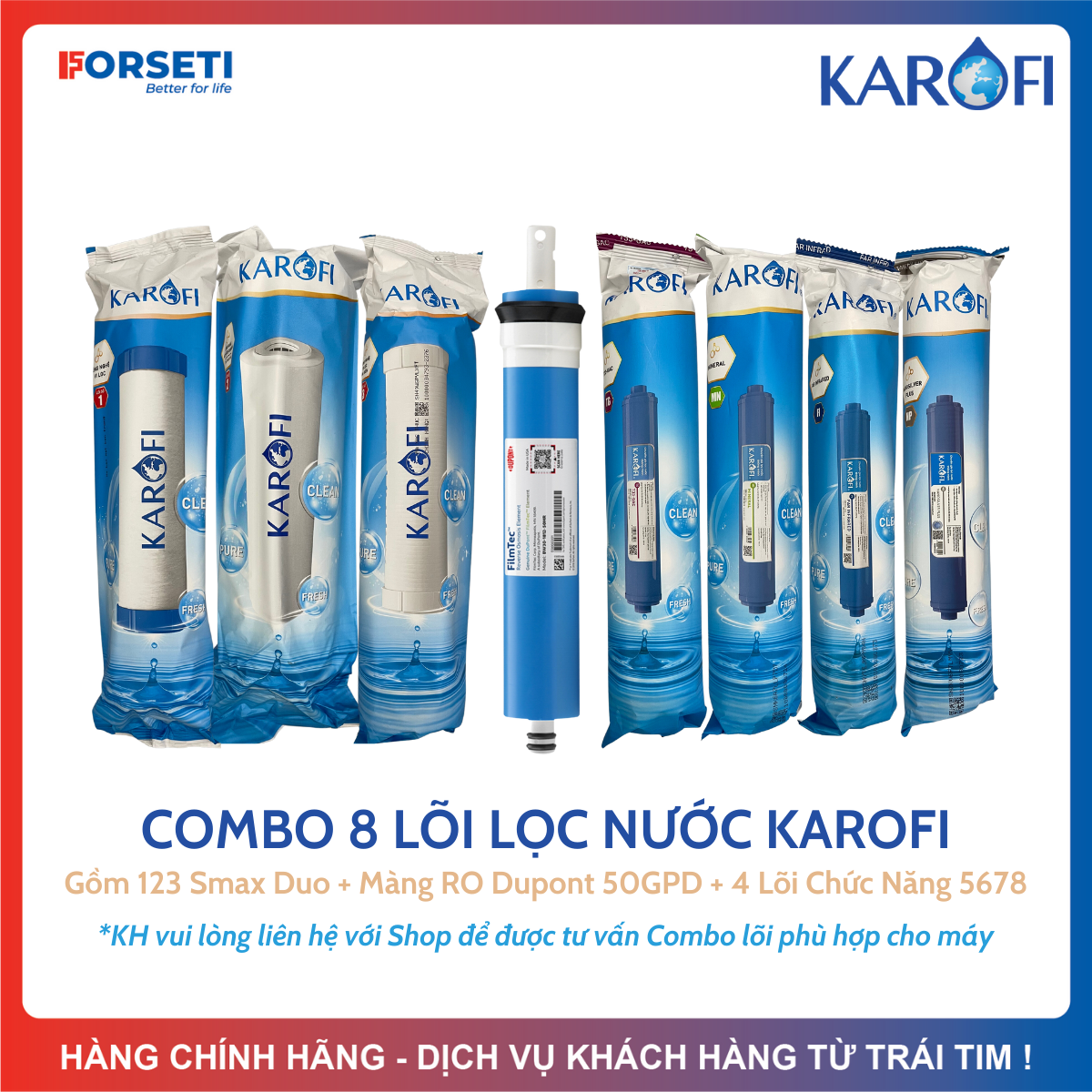 Combo 8 Lõi Lọc Nước 123RO5678 KAROFI Trọn Bộ 3 Lõi Thô 123 Màng RO50GPD T33 Mineral Farinfrared Nanosilver