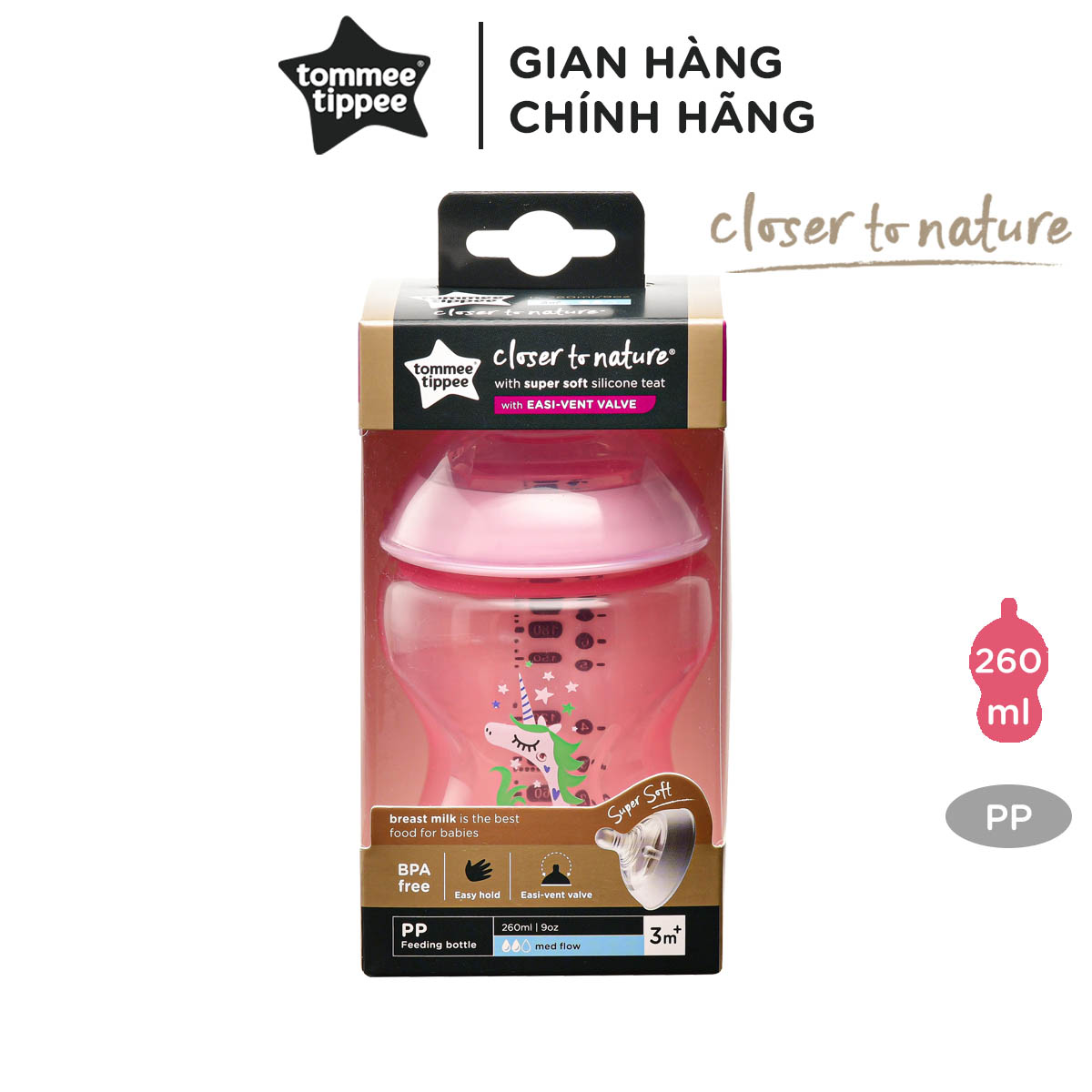 Bình Sữa Ty Siêu Mềm Tự Nhiên Tommee Tippee Closer To Nature 260ml, Núm Ty Của Bình 3-6 Tháng - Hồng